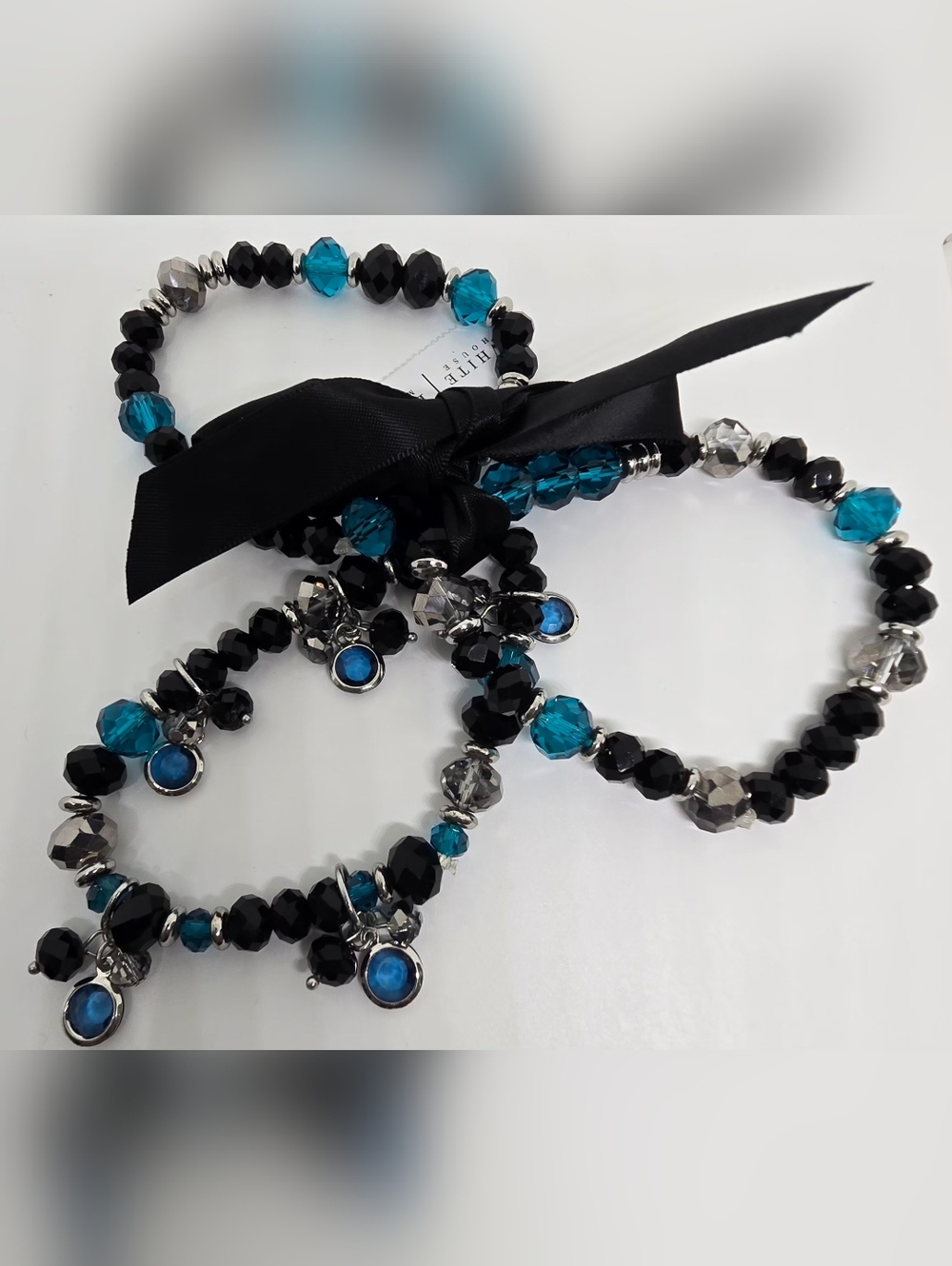 White House Black Market Blue and Black Beaded Charm Stretch Bracelet Set